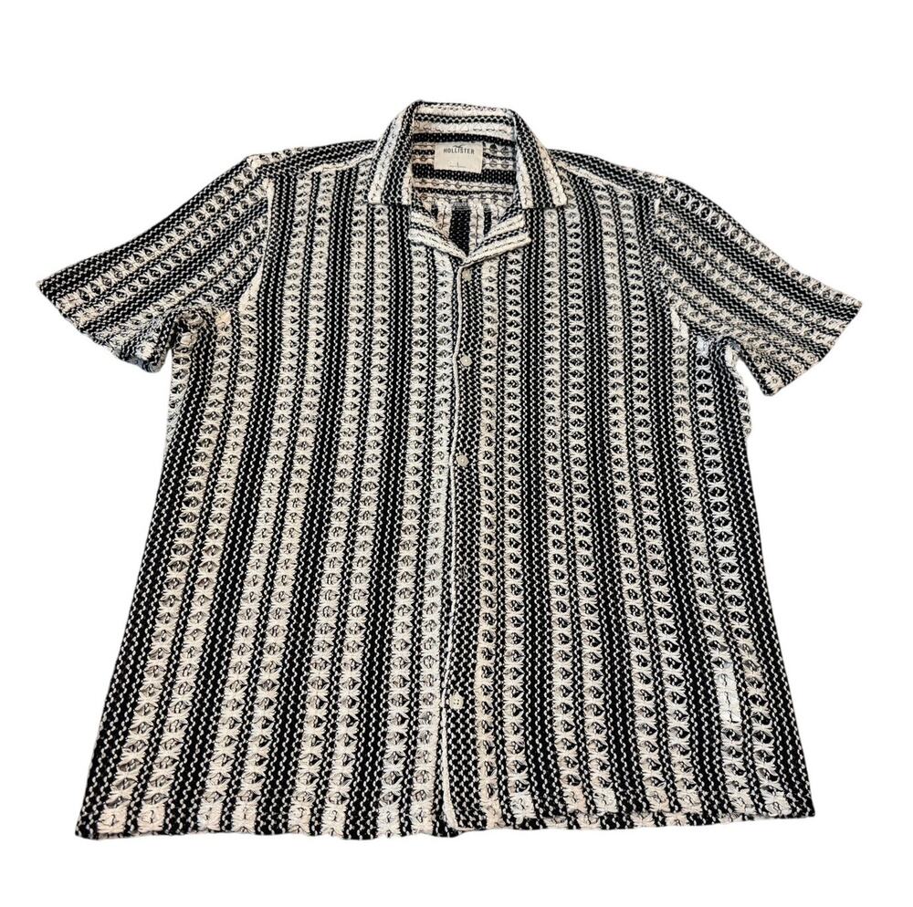 Hollister Men's Crochet Knit Camp Shirt Stripe Geometric Black White Large L